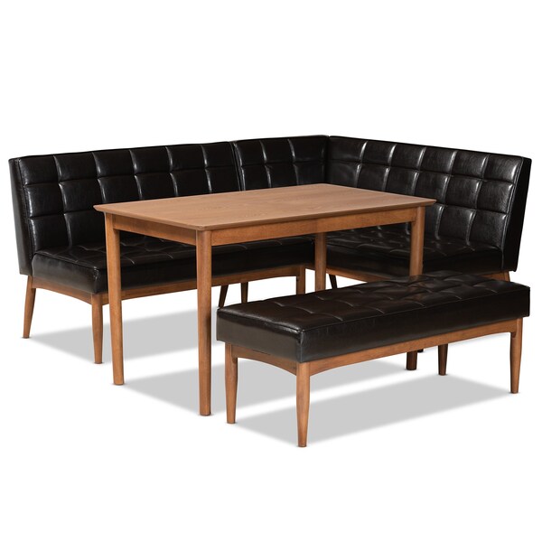 Baxton Studio Sanford Mid-Century Dark Brown Faux Leather and Walnut Brown Finished Wood 4-PC Dining Nook Set 184-11343-11345-9305-Zoro - main